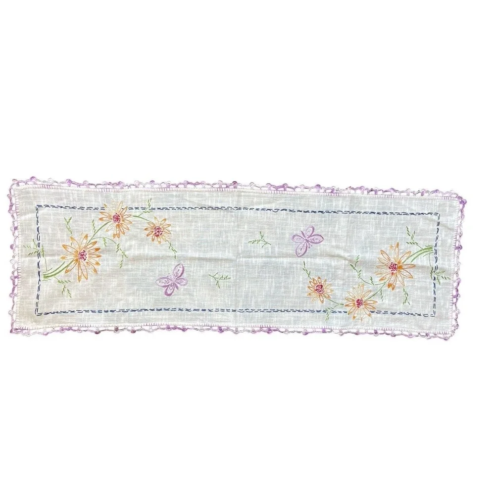 Linen Table Runner Dresser Scarf Embroidery Floral Crochet Purple Edge 36